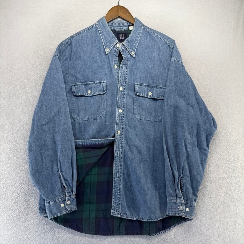 Vintage GAP Denim Shirt Mens Large Blue Plaid Flannel Lined Heavyweight y2k